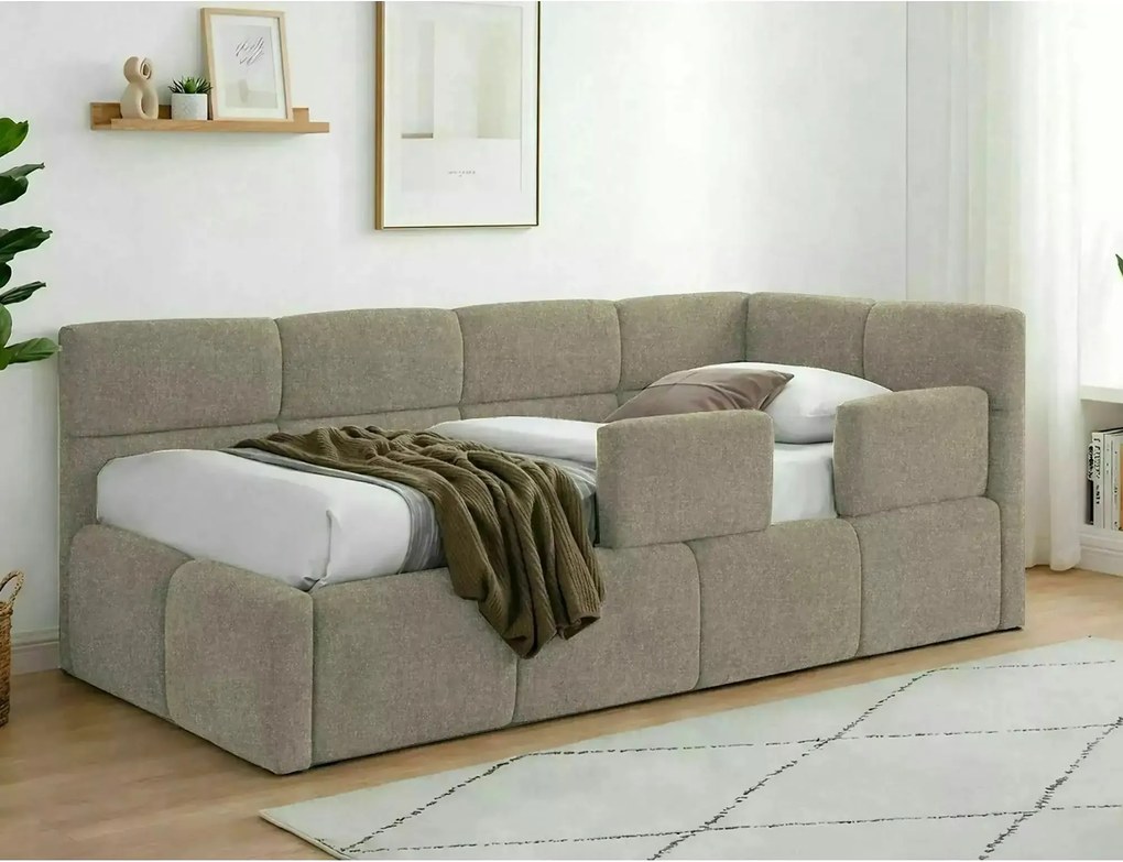 Pat EMMA 90x200, bej închis, stofă/lemn, cu spațiu de depozitare