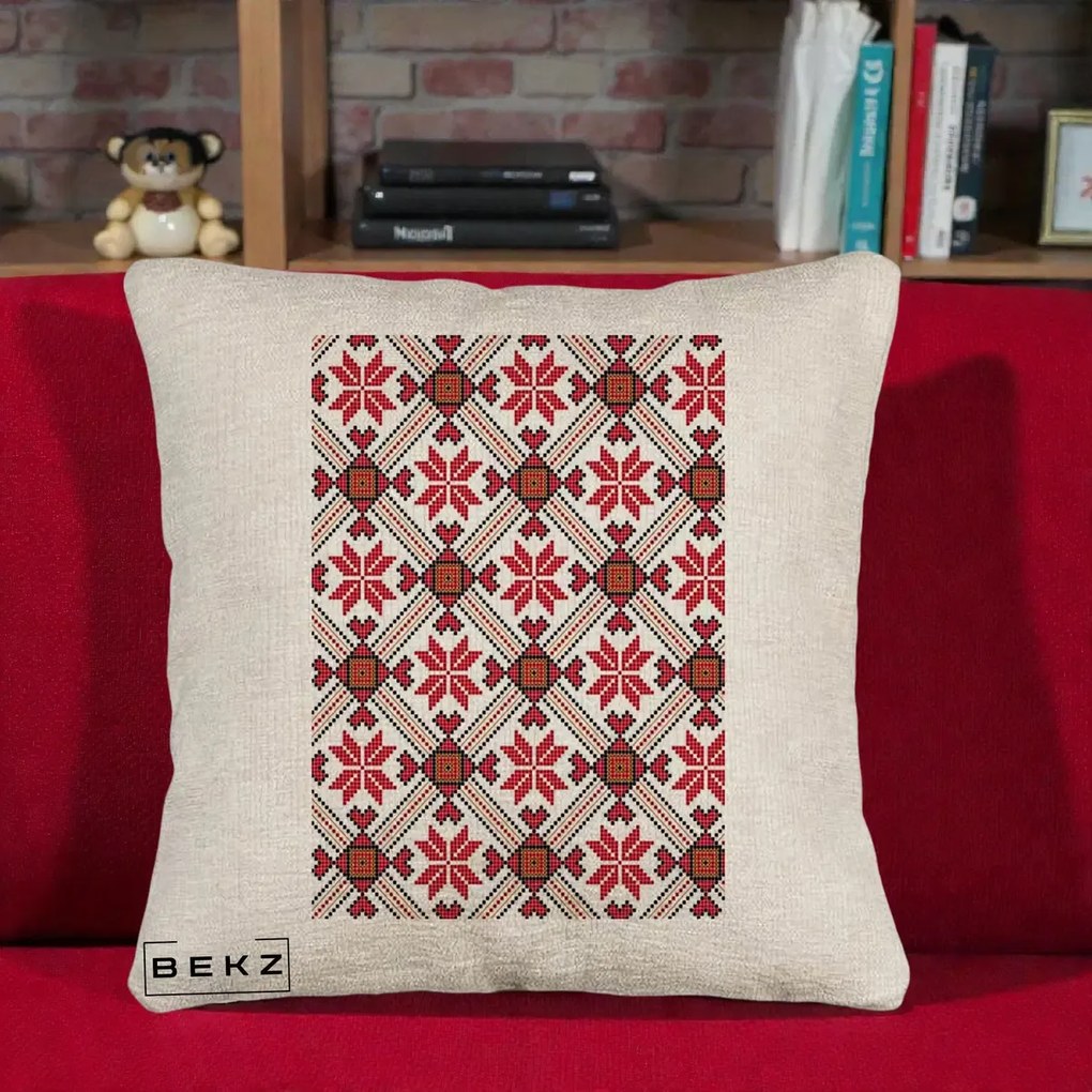 Perna Personalizata Motiv Traditional Ie Romaneasca Rosu, 40x40 cm, Bej Canapea, Husa Detasabila, Perna Inclusa, BEKZ®