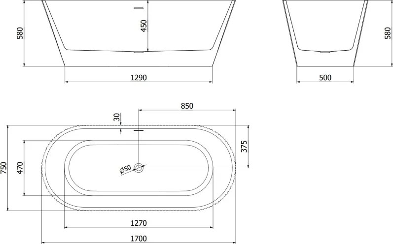 Mexen Yara cadă de baie freestanding canelată 170 x 75 cm, albă, preaplin auriu periat - 52861707500-55