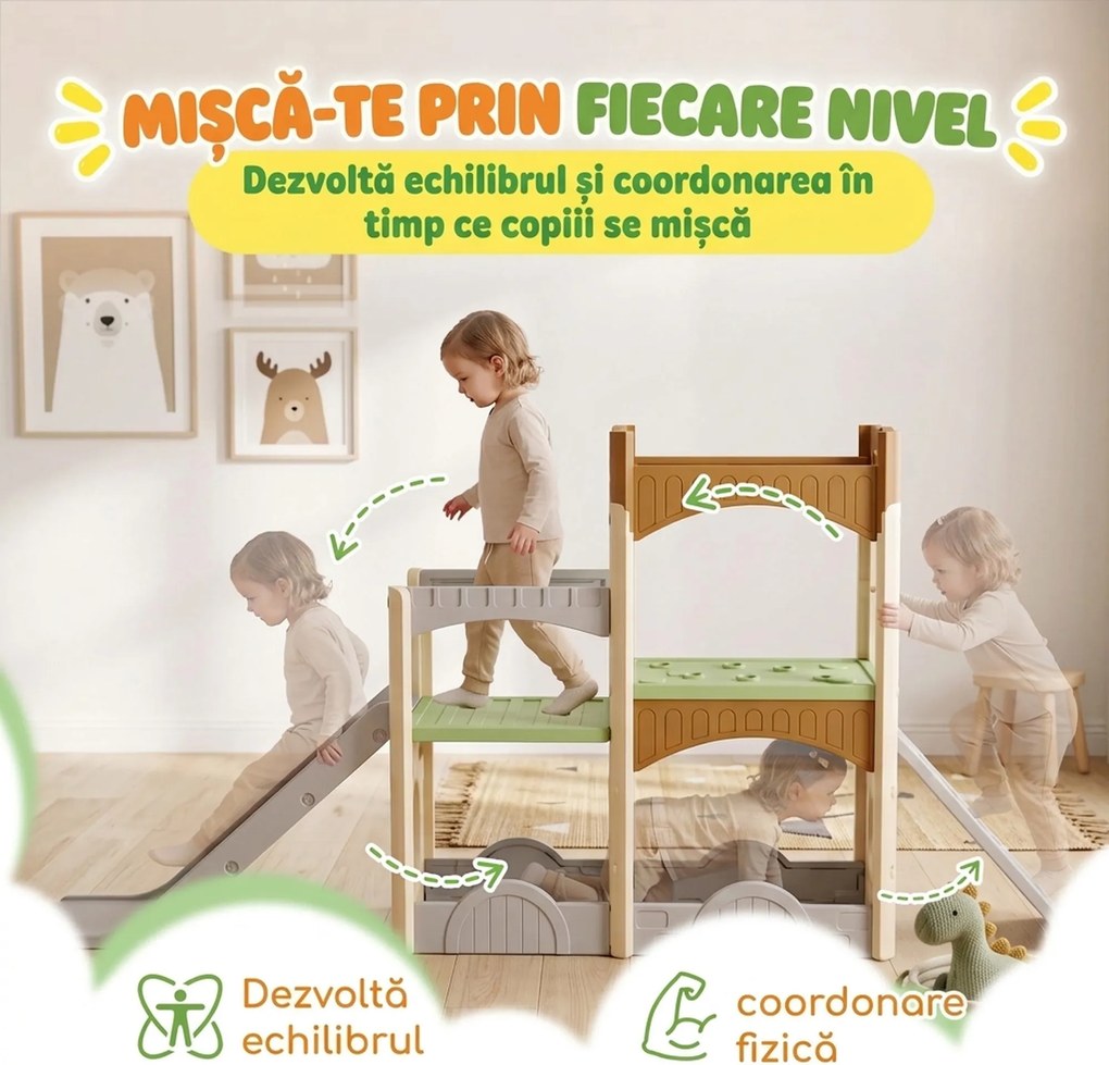 AIYAPLAY Tobogan copii 5 în 1, 3-6 ani, din HDPE, cu cățărare, pasaj, tunel și spațiu depozitare, multicolor | Aosom Romania