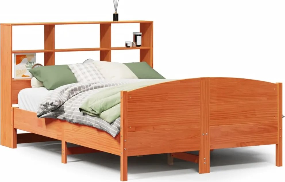 vidaXL Pat cu bibliotecă fără saltea, maro, 120x190 cm, lemn masiv pin