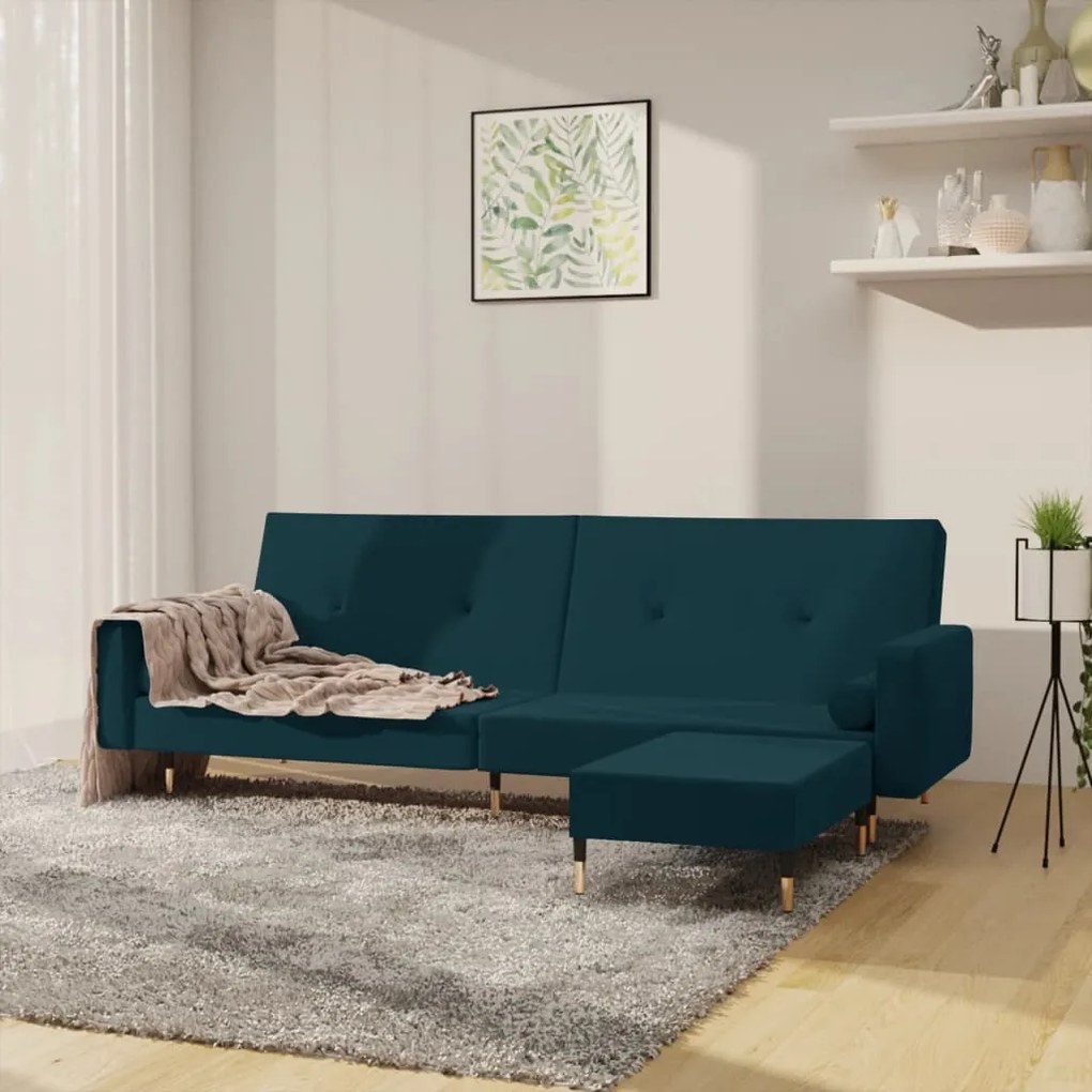 3080523 vidaXL Canapea extensibilă cu 2 locuri, cu taburet, albastru, catifea