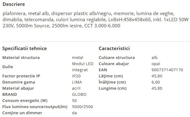 Plafoniera LED moderna cu telecomanda LIMA 50W