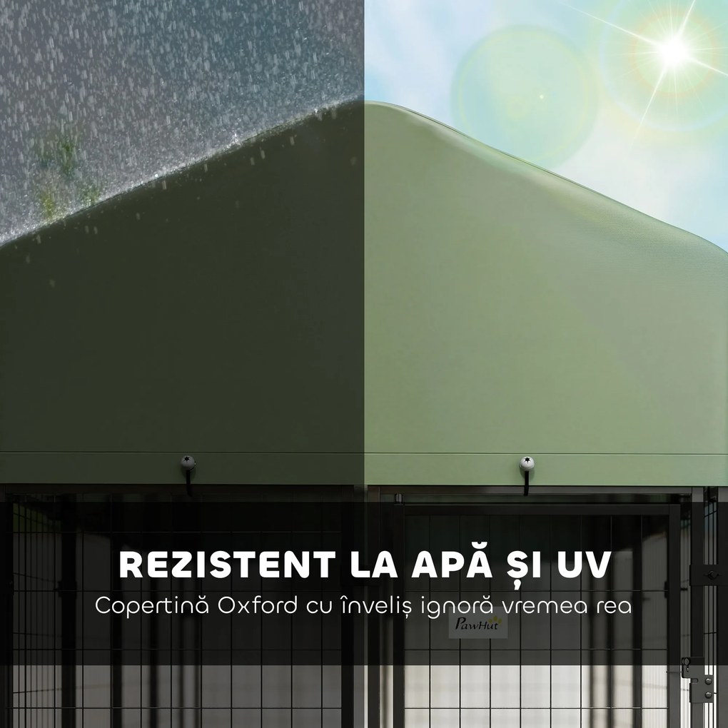PawHut Țarc pentru Câini de Exterior din Oțel cu Acoperiș din Material Oxford, Anti-UV, Impermeabil, 2 Boluri, Verde | Aosom Romania