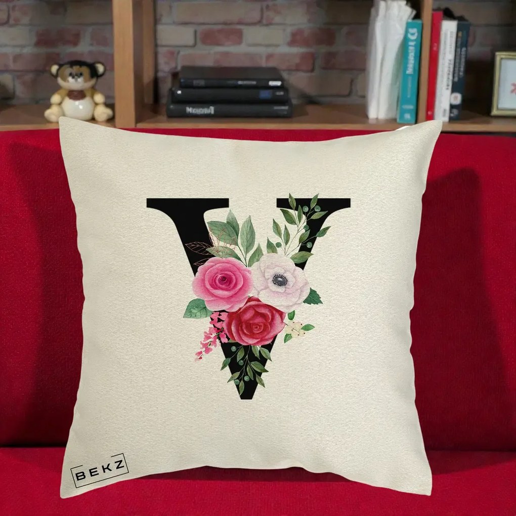 Cadou Personalizat - Perna Personalizata Monograma Florala Litera V cu Buchet, 40x40 cm, Ecru, Husa Detasabila, Perna Inclusa, BEKZ®