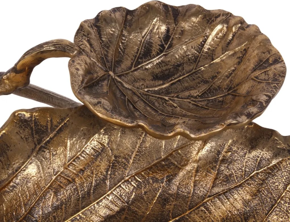 Platou decorativ din aluminiu, auriu, formă de frunză, finisaj antichizat, 11 x 44 x 38 cm, „Feuillage”