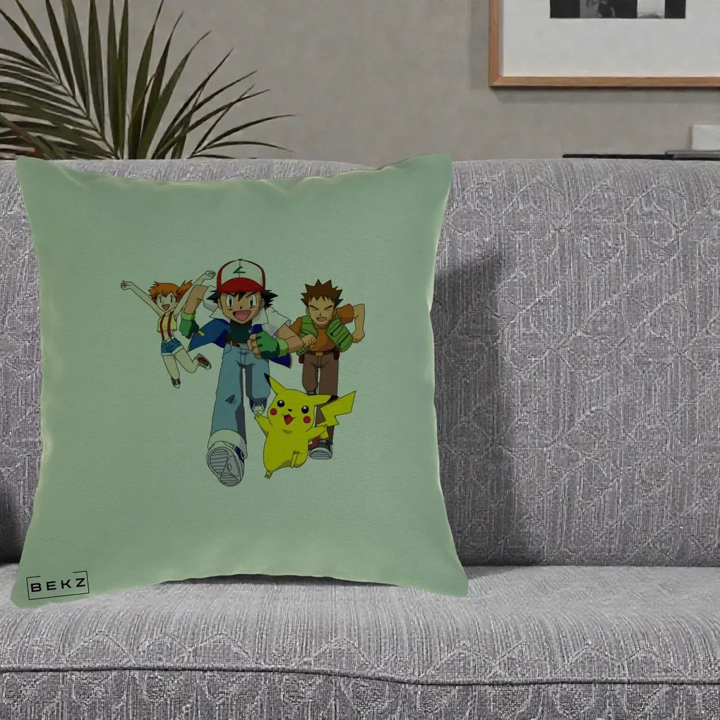 Perna Personalizata Pokemon Ash Misty Brock si Pikachu, 40x40 cm, Verde, Husa Detasabila, Perna Inclusa, BEKZ®