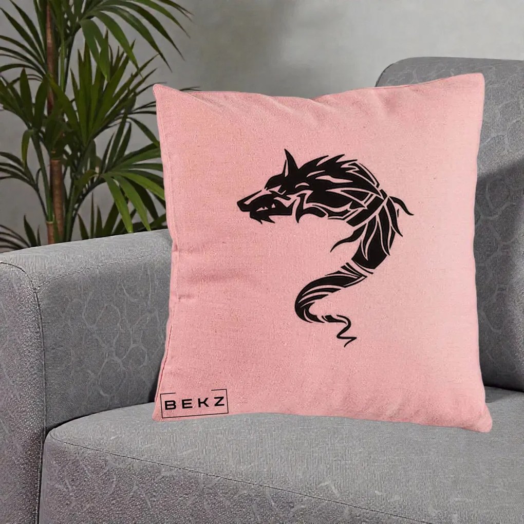 Perna Decorativa Lup Tribal Alb-Negru, 40x40 cm, Roz, Husa Detasabila, Perna Inclusa, BEKZ®