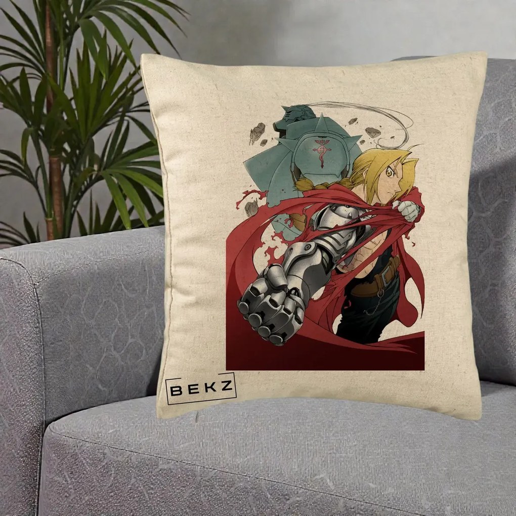 Perna Personalizata Fullmetal Alchemist Brotherhood Edward si Al Poster, 40x40 cm, Bej, Husa Detasabila, Perna Inclusa, BEKZ®
