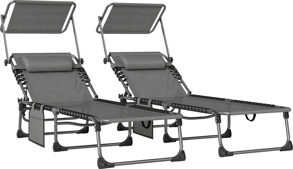 Outsunny Set de 2 șezlonguri pliabile cu pernă pentru cap, told, buzunar lateral și spătar reglabil în 5 poziții, gri | Aosom Romania