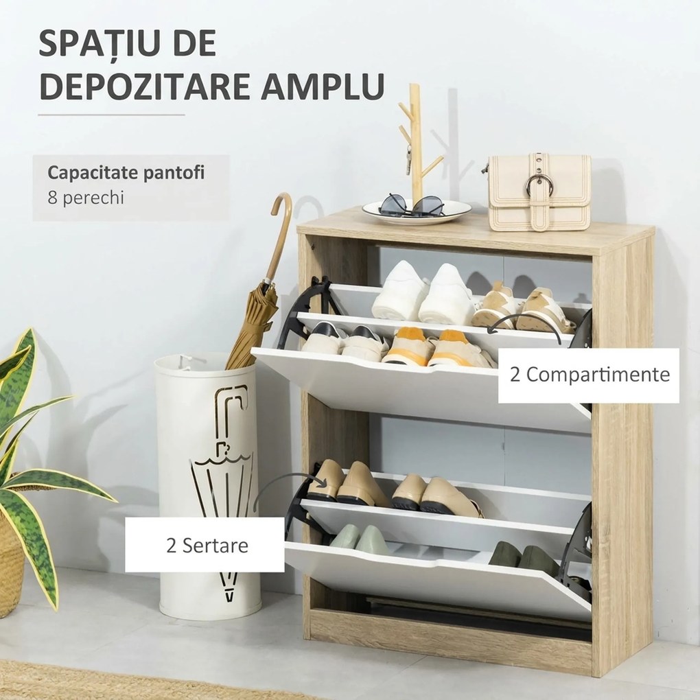 HOMCOM Dulap pantofi cu 2 Sertare Rabatabile, 8 Perechi, cu un Dispozitiv Anti-Răsturnare, Design Compact, 62,5x26x81 cm, Natural | Aosom Romania