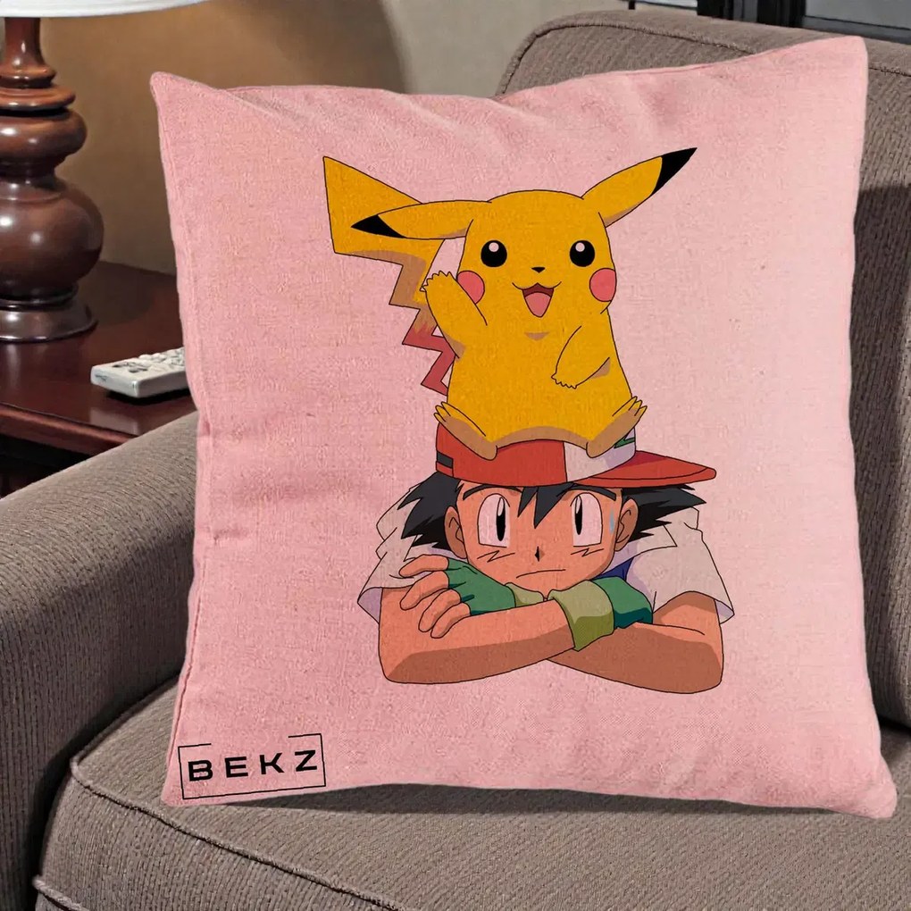 Perna Personalizata Ash si Pikachu, 40x40 cm, Roz, Husa Detasabila, Perna Inclusa, BEKZ®