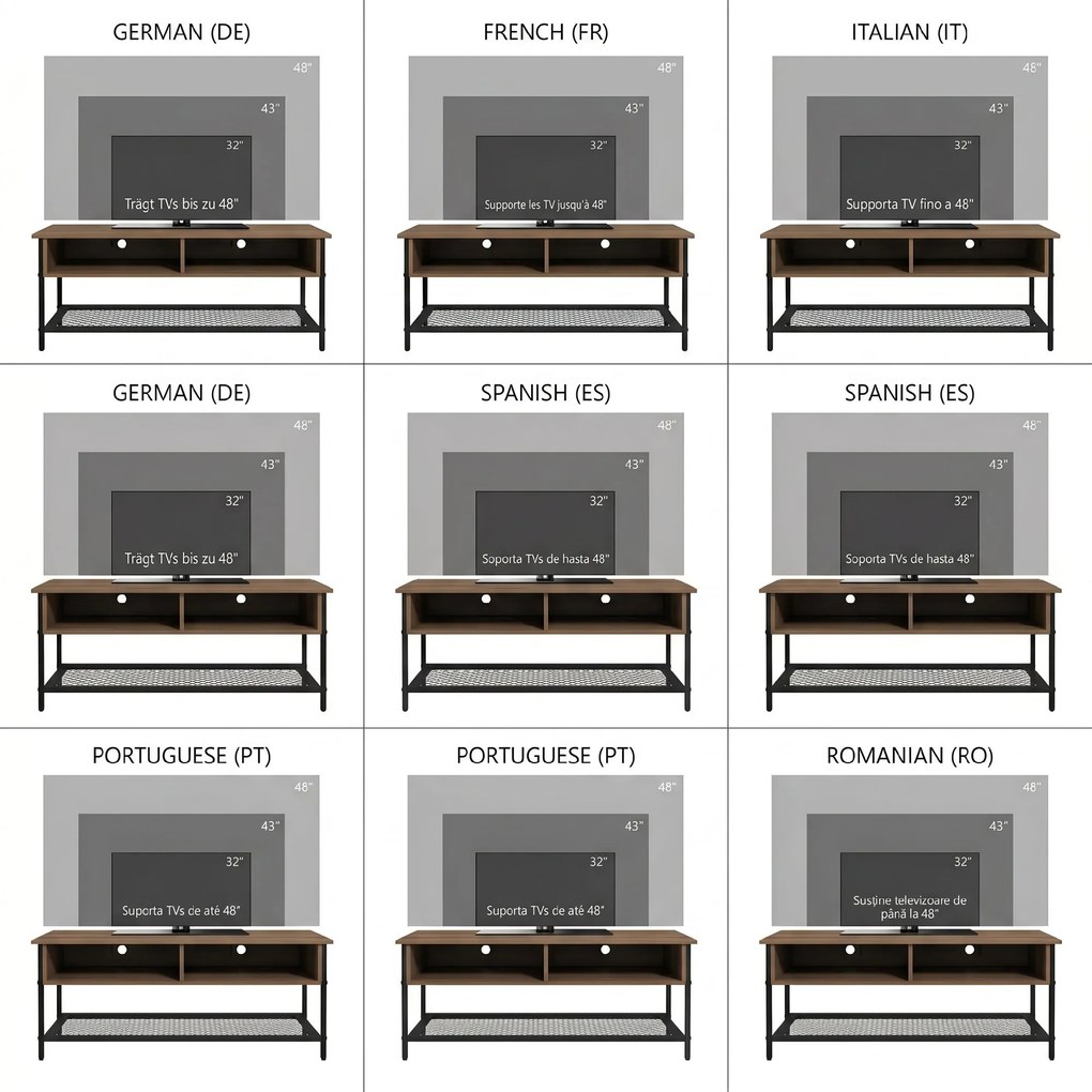 Dulap SuportTV pana la 48" in Stil Industrial, Mobiler Jos cu Rafturi din Lemn si Otel, 110x40x48cm, Maro si Negru HOMCOM | Aosom Romania