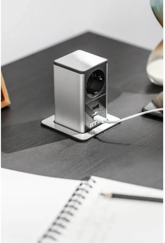 Priză încorporabilă în blat Tower, GTV 1 priză Schuko, USB A + C, negru, D:80 mm Negru, Aluminiu/Plastic, D:80 mm