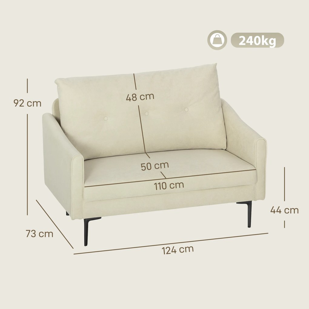 HOMCOM Canapea cu 2 Locuri din Catifea cu Spătar Matlasat și Pernă Detașabilă, Canapea Compactă Modernă cu Picioare din Metal pentru Sufragerie, 124x73x92 cm, Crem | Aosom Romania