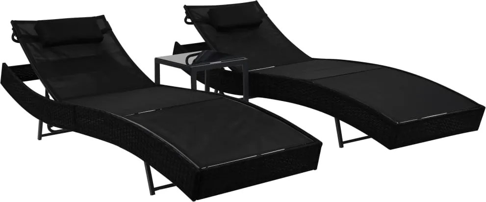 vidaXL Șezlonguri cu masă, 2 buc., negru, poliratan