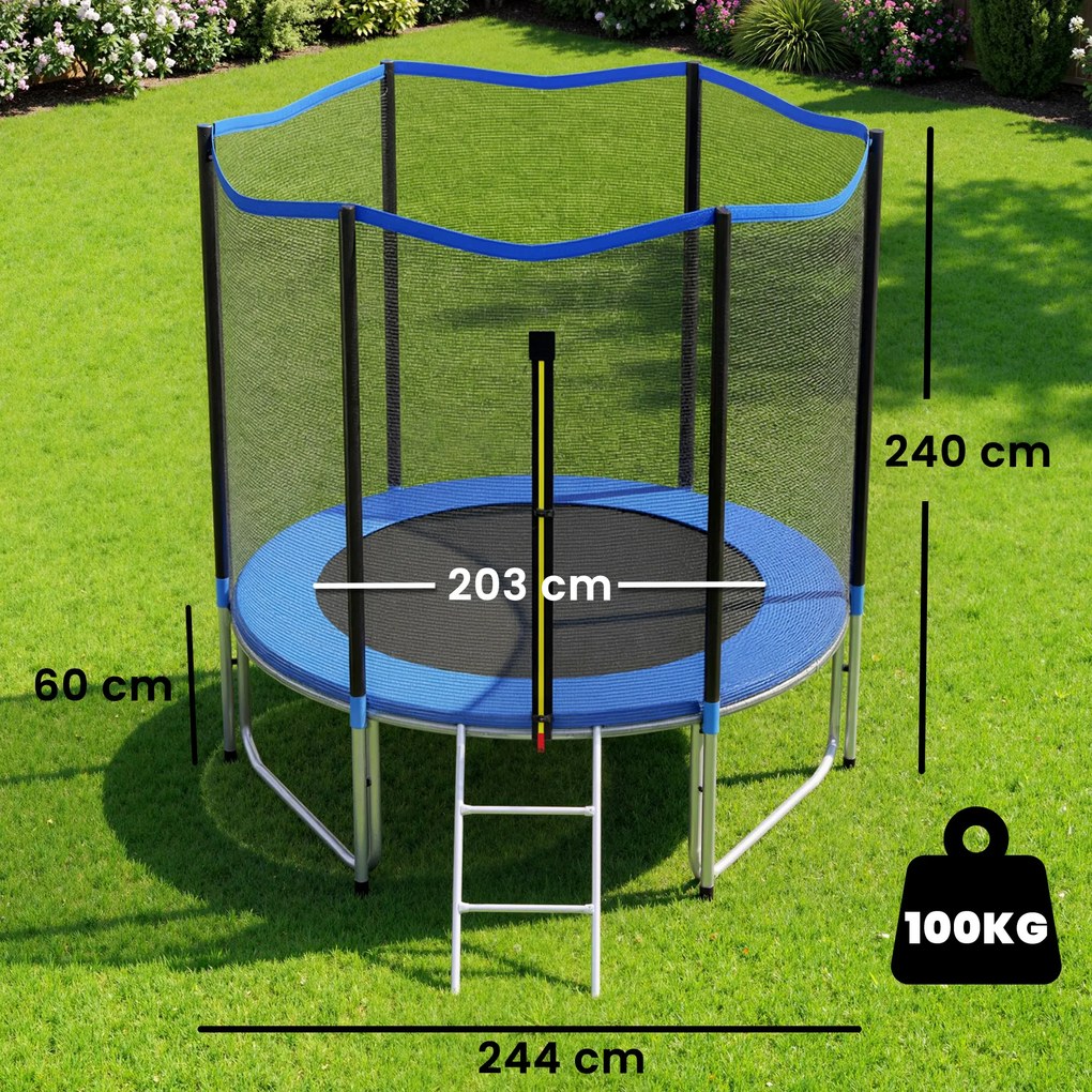 SPORTNOW Trambulină Elastică pentru Adulți Ø244cm, Covor Elastic pentru Adulți cu Plasă de Protecție, Scară cu 2 Trepte, Protecție pentru Arcuri, Structură din Oțel, Capacitate 100kg, Albastru | Aosom Romania