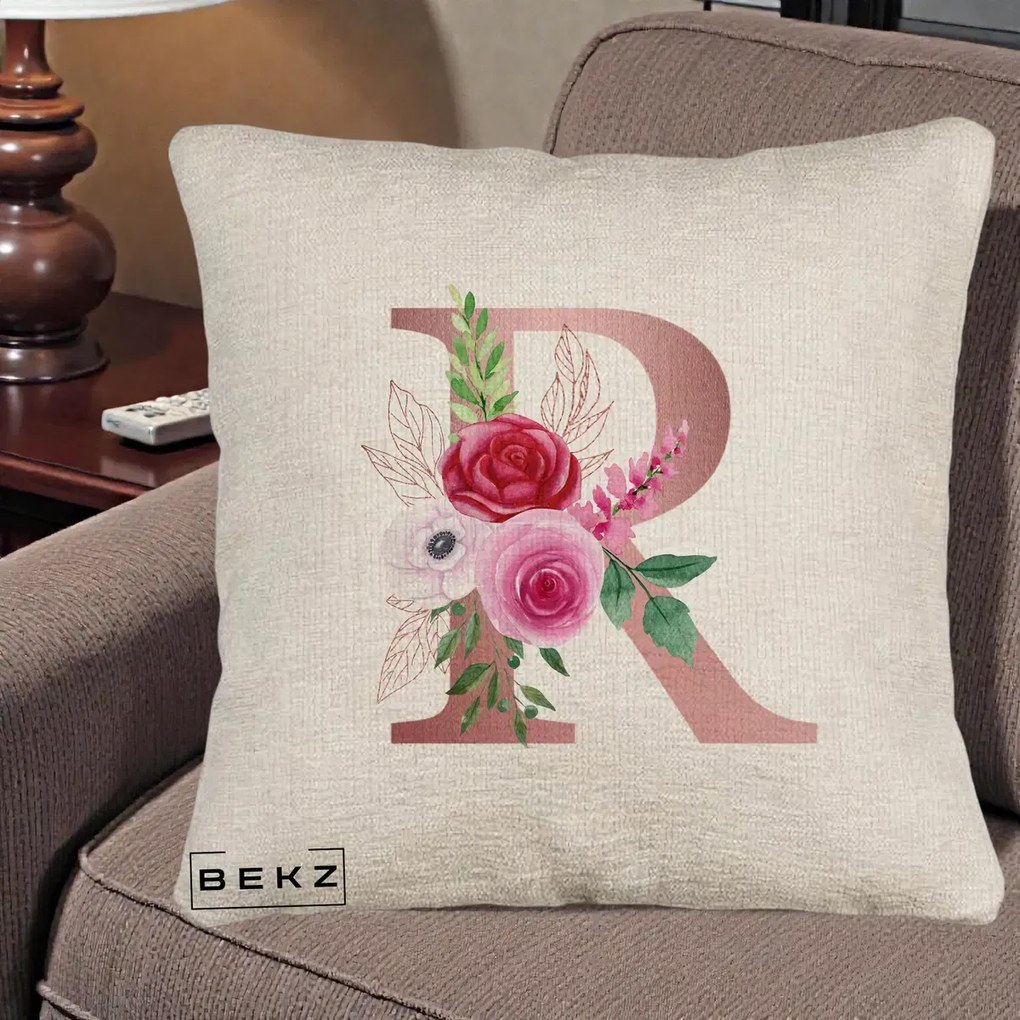 Cadou Personalizat - Perna Personalizata Monograma Rose Gold Litera R, 40x40 cm, Bej Canapea, Husa Detasabila, Perna Inclusa, BEKZ®