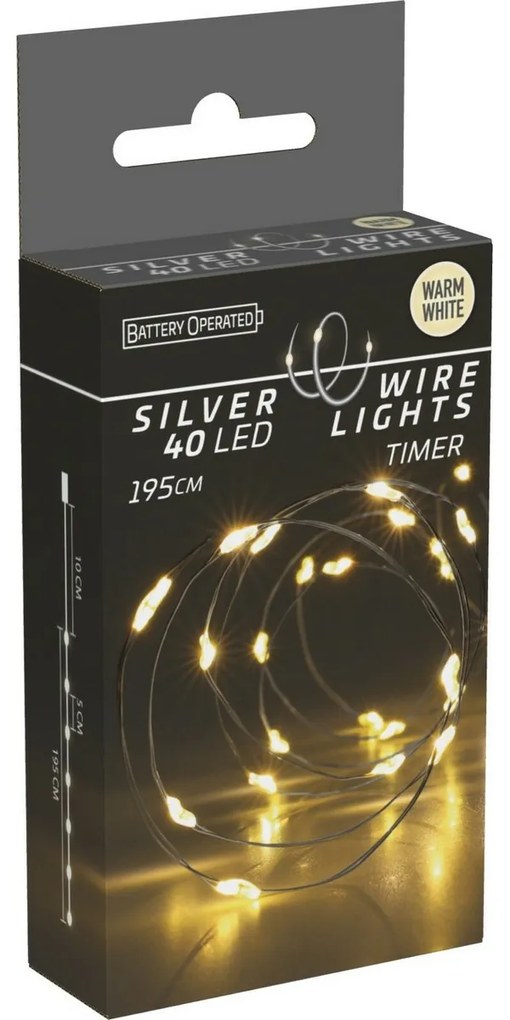 Sârmă luminoasă Silver, 2 m, 40 LED-uri, alb cald,temporizator, cu baterii