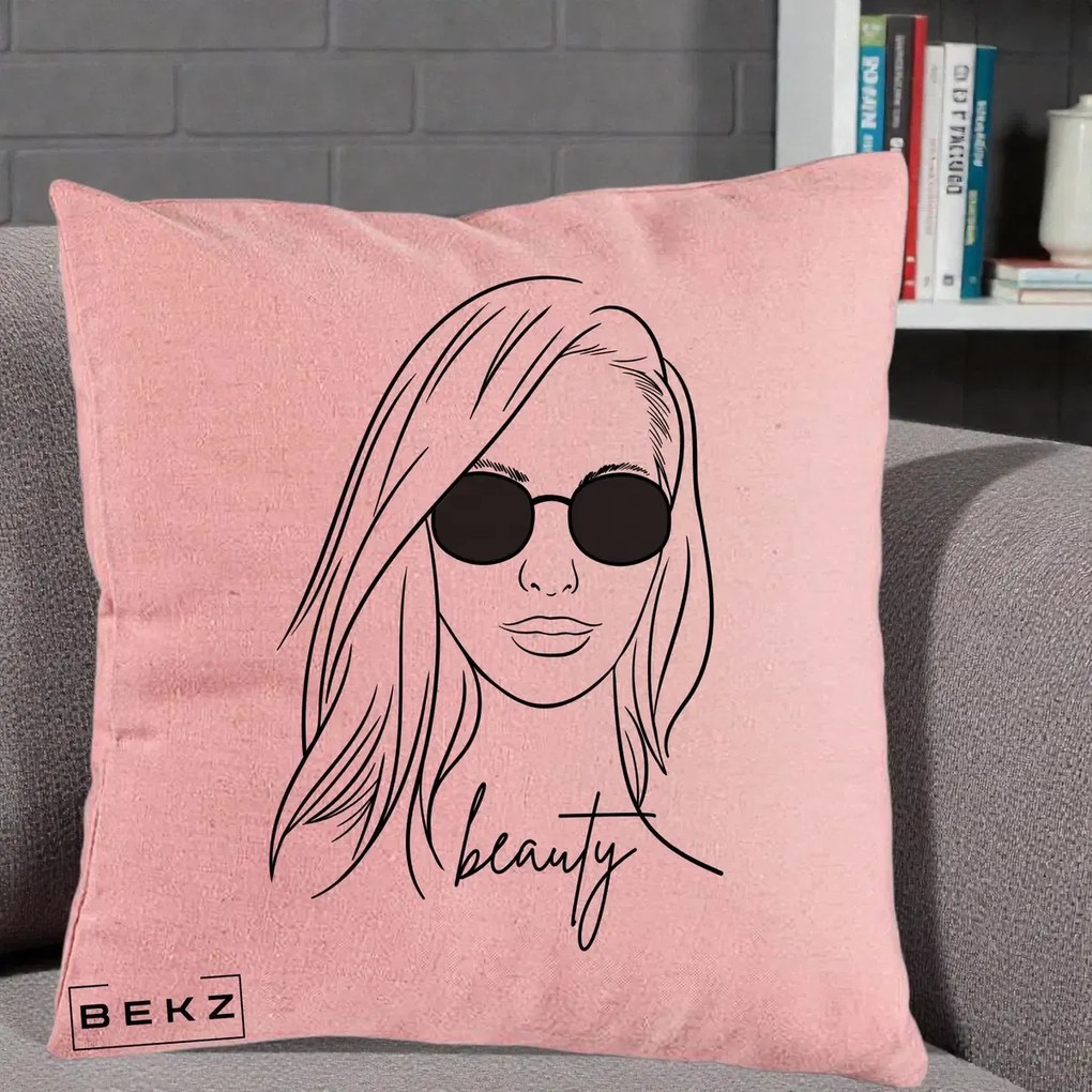 Perna Decorativa Beauty Girl Line Art, 40x40 cm, Roz, Husa Detasabila, Perna Inclusa, BEKZ®
