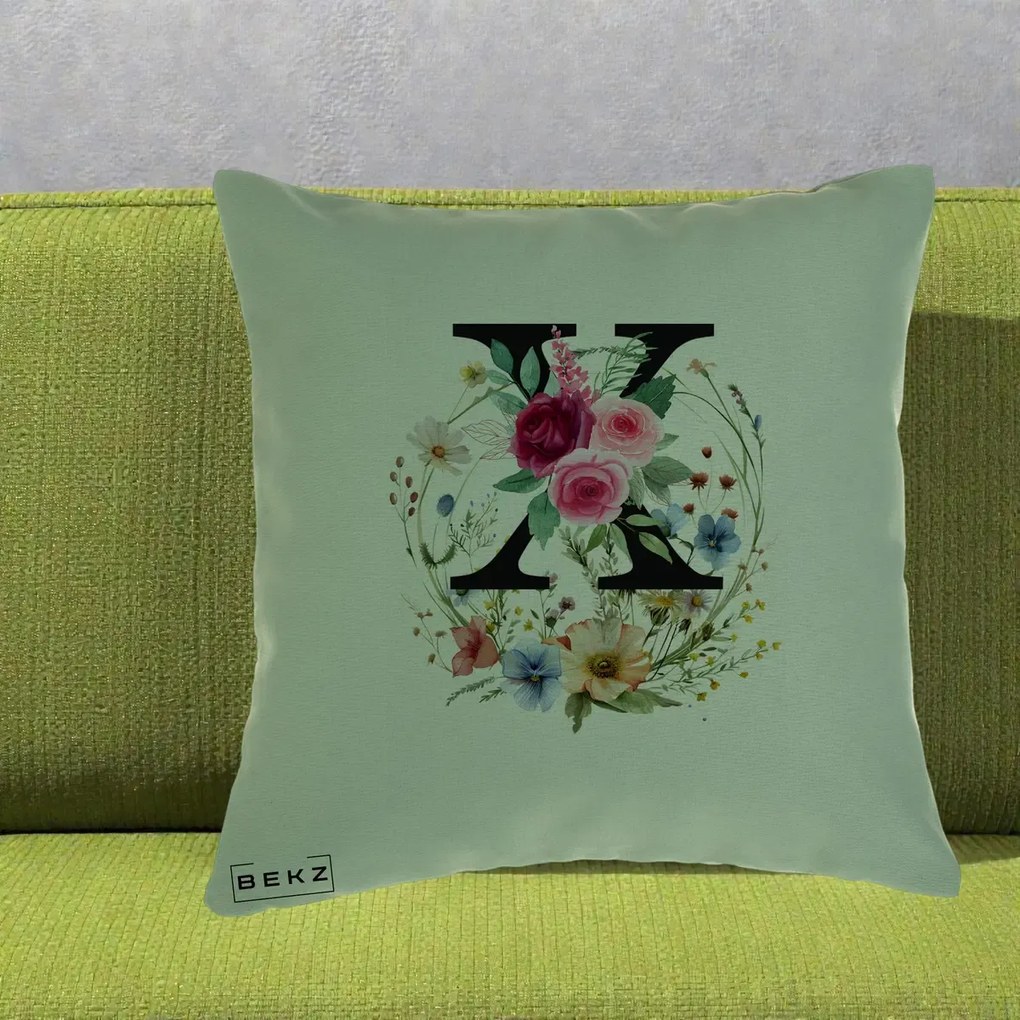 Cadou Personalizat - Perna Personalizata Monograma Florala Litera X cu Coroana, 40x40 cm, Verde, Husa Detasabila, Perna Inclusa, BEKZ®
