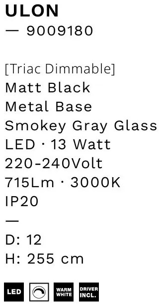 Pendul LED modern, Metal, Negru, Sticla, Fumurie, Ulon
