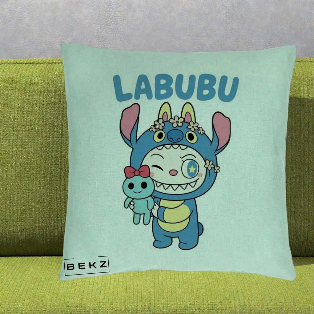 Perna Personalizata Labubu x Stitch cu Flori, 40x40 cm, Verde Menta, Husa Detasabila, Perna Inclusa, BEKZ®