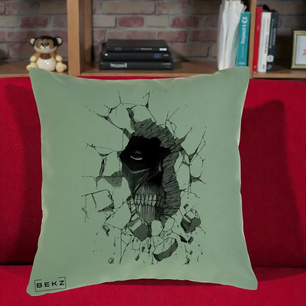 Perna Personalizata Attack on Titan Titan Crapand Zidul, 40x40 cm, Verde, Husa Detasabila, Perna Inclusa, BEKZ®