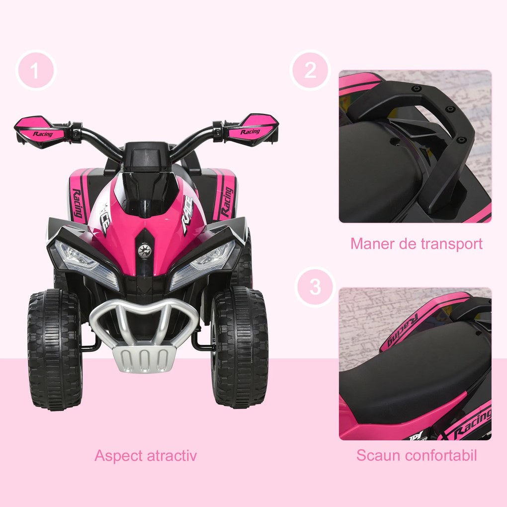 ATV Jucarie pentru copii Ride On cu lumini si sunete HOMCOM, miscare prin impingere varsta recomandata 18-36 luni, roz, 67,5x38x 44cm | Aosom Romania