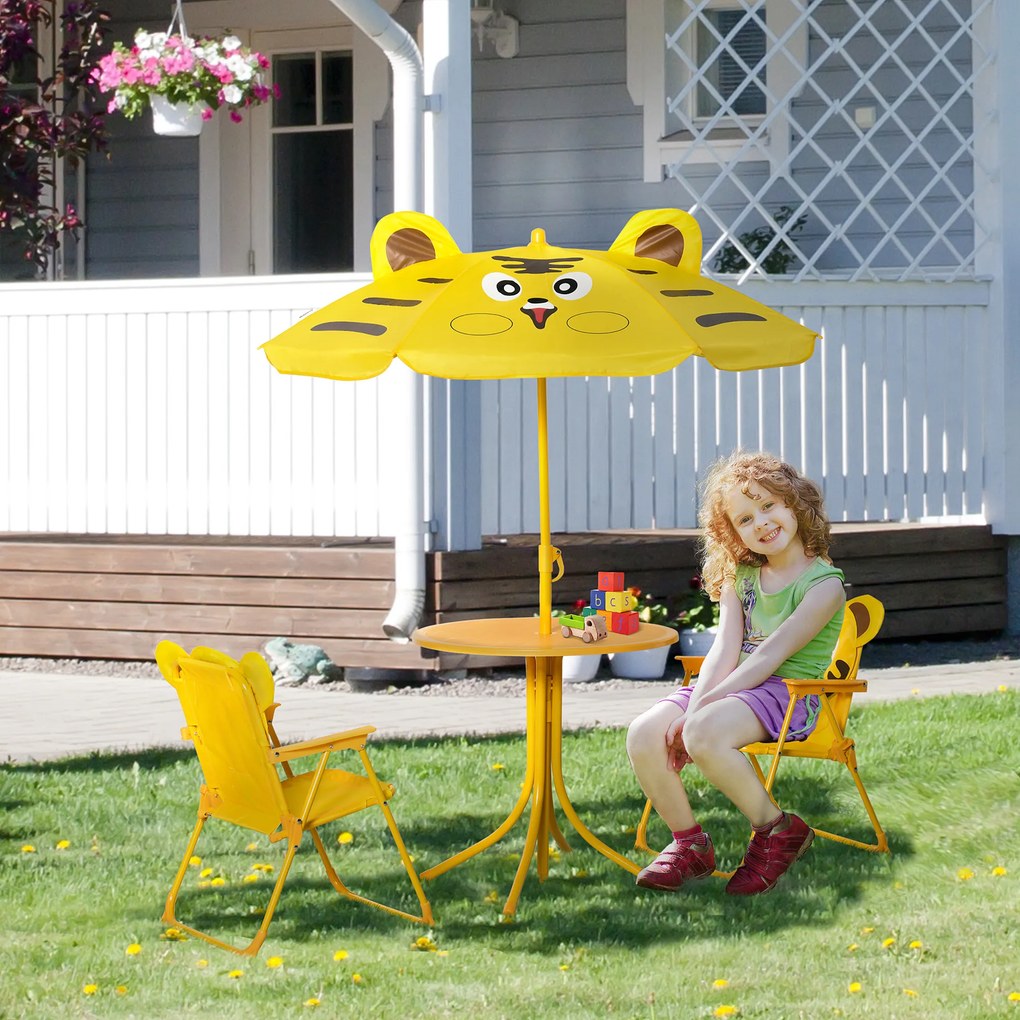 Outsunny Set de Grădină 4 Piese pentru Copii cu Model Tigru și Măsuță Rotundă, 2 Scaune Pliabile și o Umbrelă Reglabilă, Măsuță cu Scaune pentru Copii 3-6 Ani de Exterior, Galben | Aosom Romania