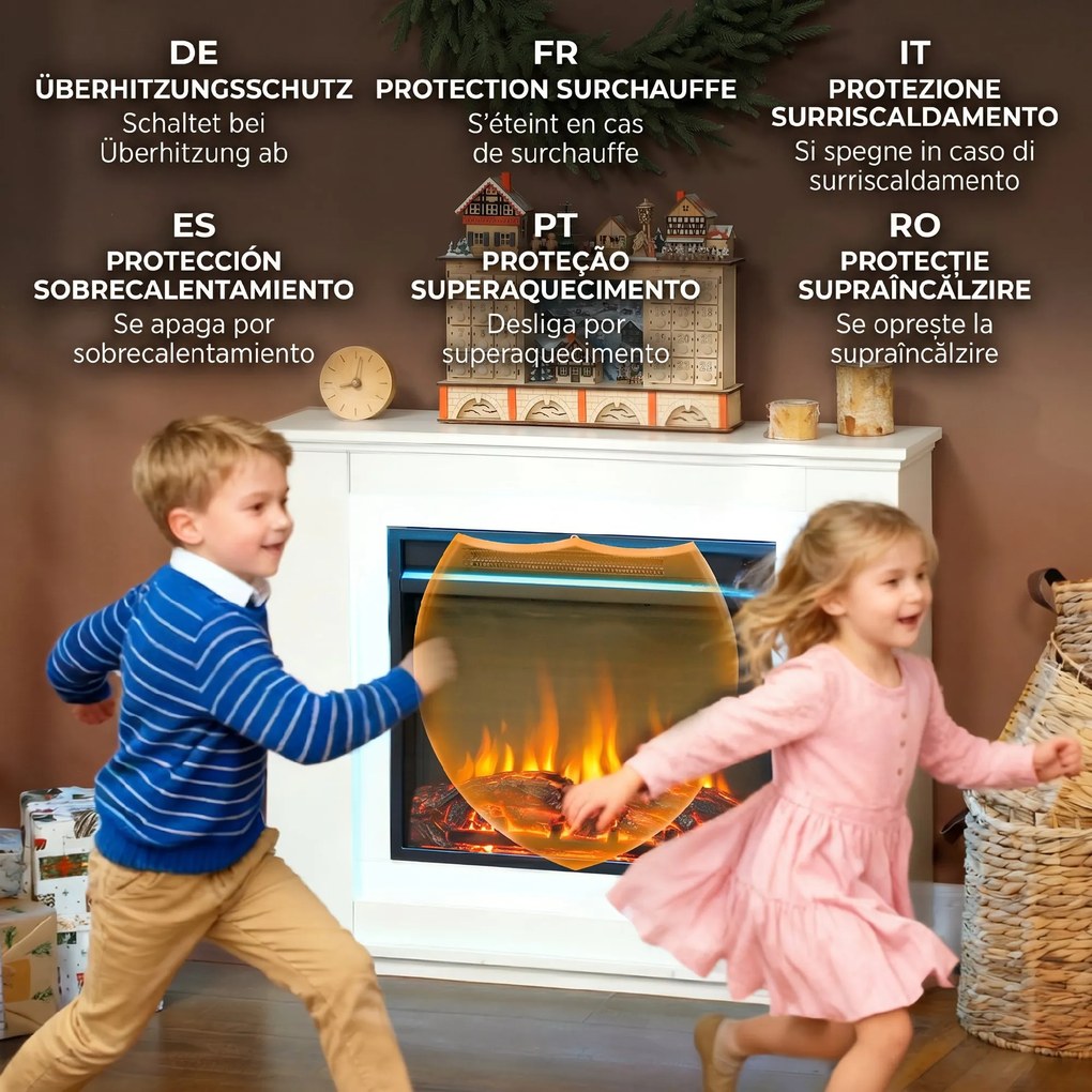 HOMCOM Șemineu Electric cu Flacără în 12 Culori și 5 Niveluri de Luminozitate, Telecomandă și Timer, 98x25x80 cm, Alb și Negru | Aosom Romania