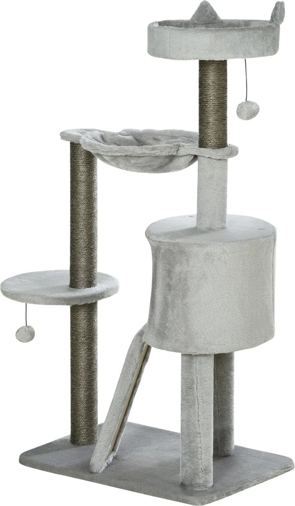 Pawhut zgârietor incl. căsuță pentru pisici, pat pentru pisici, hamac și jucărie 60 cm x 40 cm x 113 cm, Gri deschis | Aosom Romania