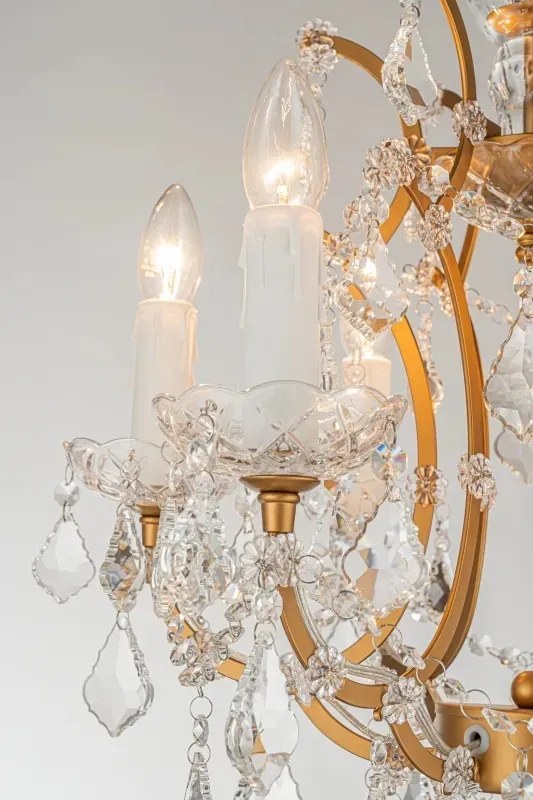 Lampadar din metal, auriu, cu 6 brațe tip lumânare și cristale din sticlă, 175 x 45 cm, „Memphis”