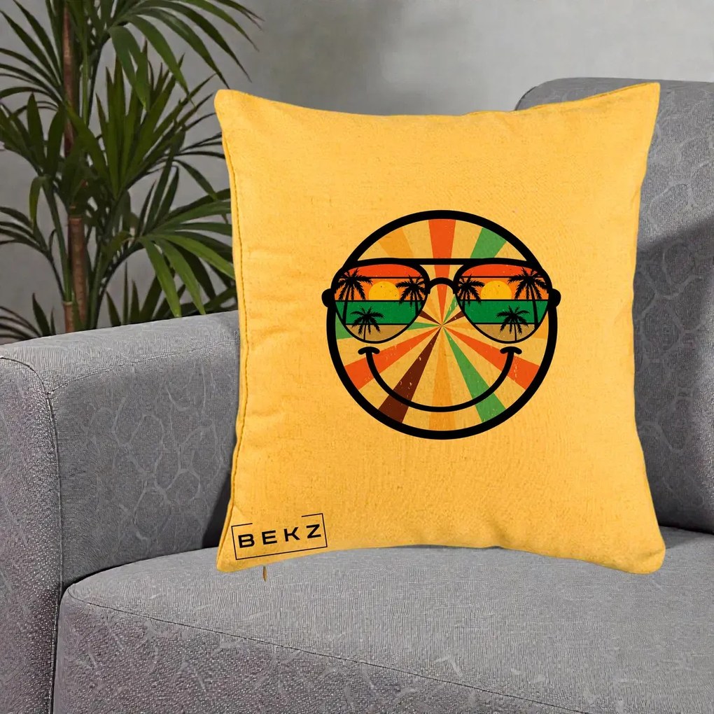 Perna Decorativa Smiley Face Retro Sunset Palmieri, 40x40 cm, Galben, Husa Detasabila, Perna Inclusa, BEKZ®