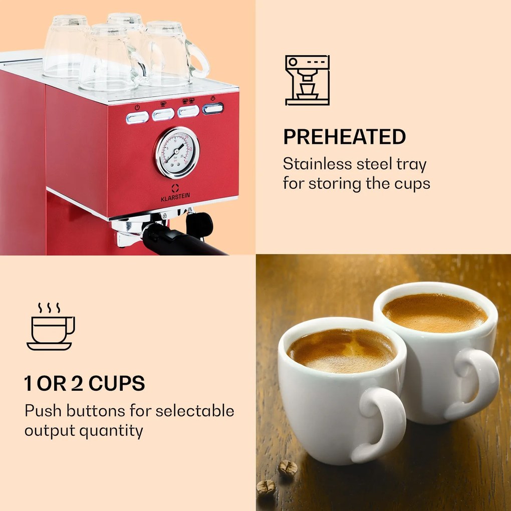 Klarstein Pausa, aparat de cafea espresso, 1350 Watt, presiune 20 bar, rezervor de apă: 1,4 litri, oțel inoxidabil