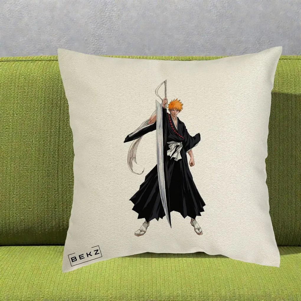 Perna Personalizata Bleach Ichigo Kurosaki Zangetsu, 40x40 cm, Ecru, Husa Detasabila, Perna Inclusa, BEKZ®