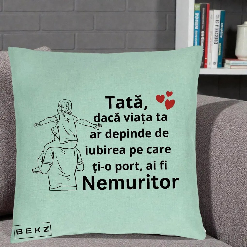 Cadou pentru Tata - Perna Personalizata Tata Supererou Nemuritor, 40x40 cm, Verde Menta, Husa Detasabila, Perna Inclusa, BEKZ®