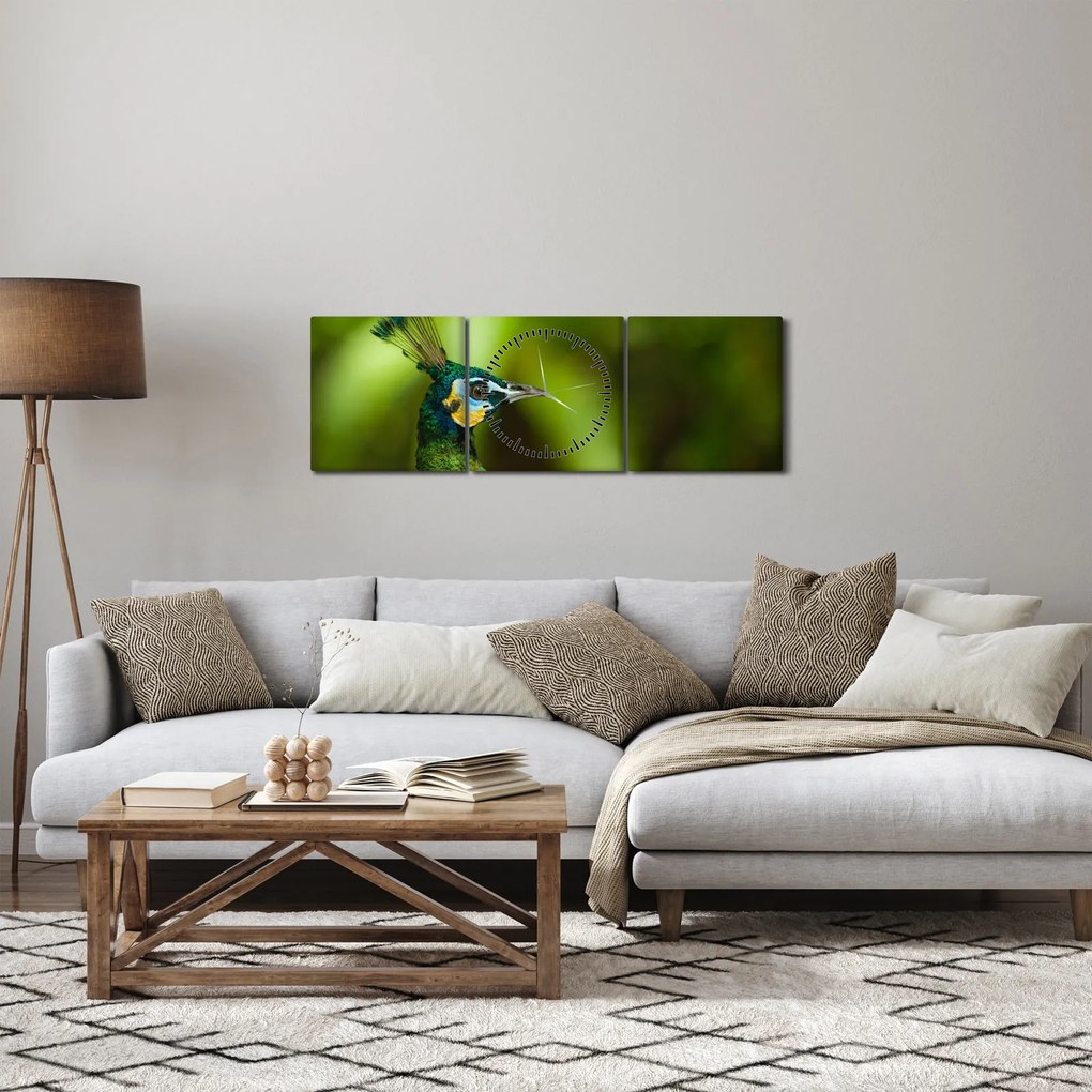 Tablou cu păun (cu ceas) (90x30 cm)
