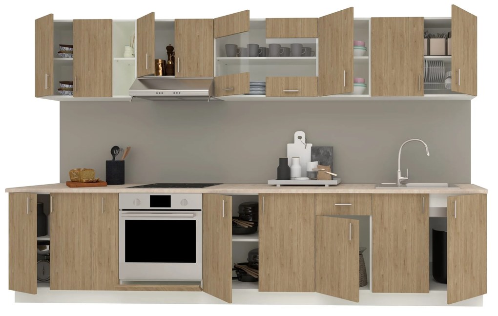 Set Bucatarie Karo V32, Lemn Natural/Alb, Blat Thermo 28 mm, L 340 cm