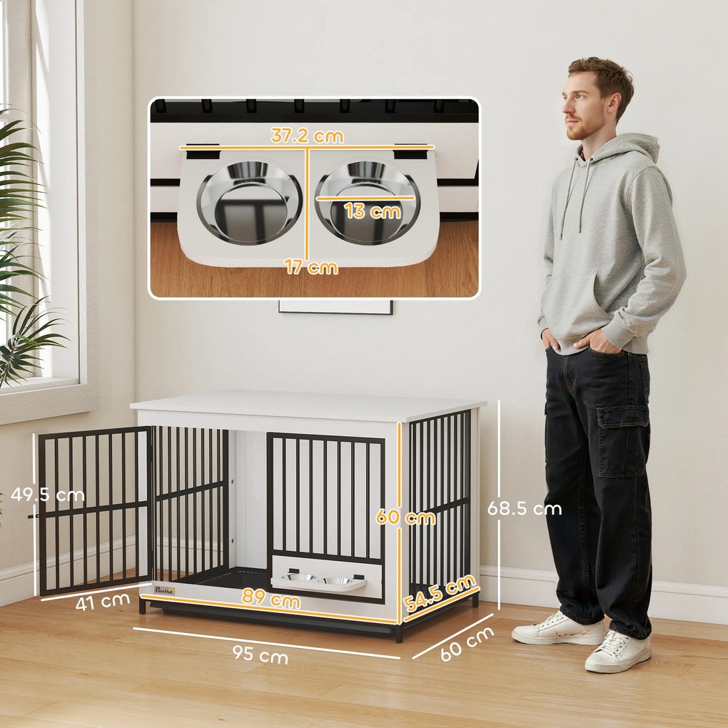 PawHut Cușcă mare pentru câini, acces ușor, închidere cu încuietoare, suport rotativ pentru boluri, pentru câini mici și mari, alb | Aosom Romania