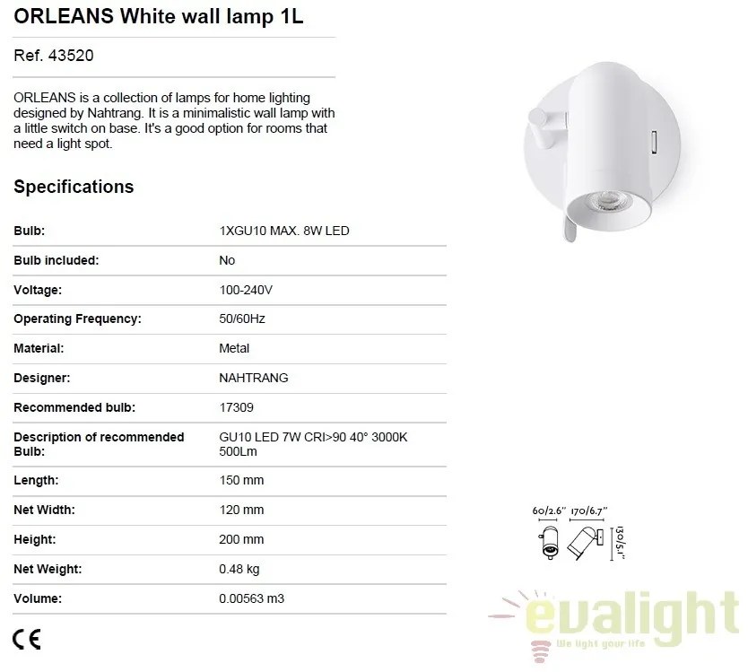 Aplica stil modern minimalist ORLEANS 1L alb 43520