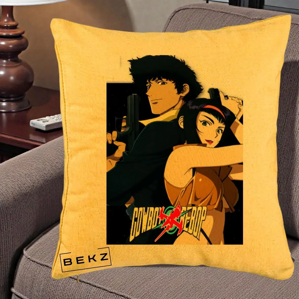 Perna Personalizata Cowboy Bebop Spike si Faye Poster, 40x40 cm, Galben, Husa Detasabila, Perna Inclusa, BEKZ®