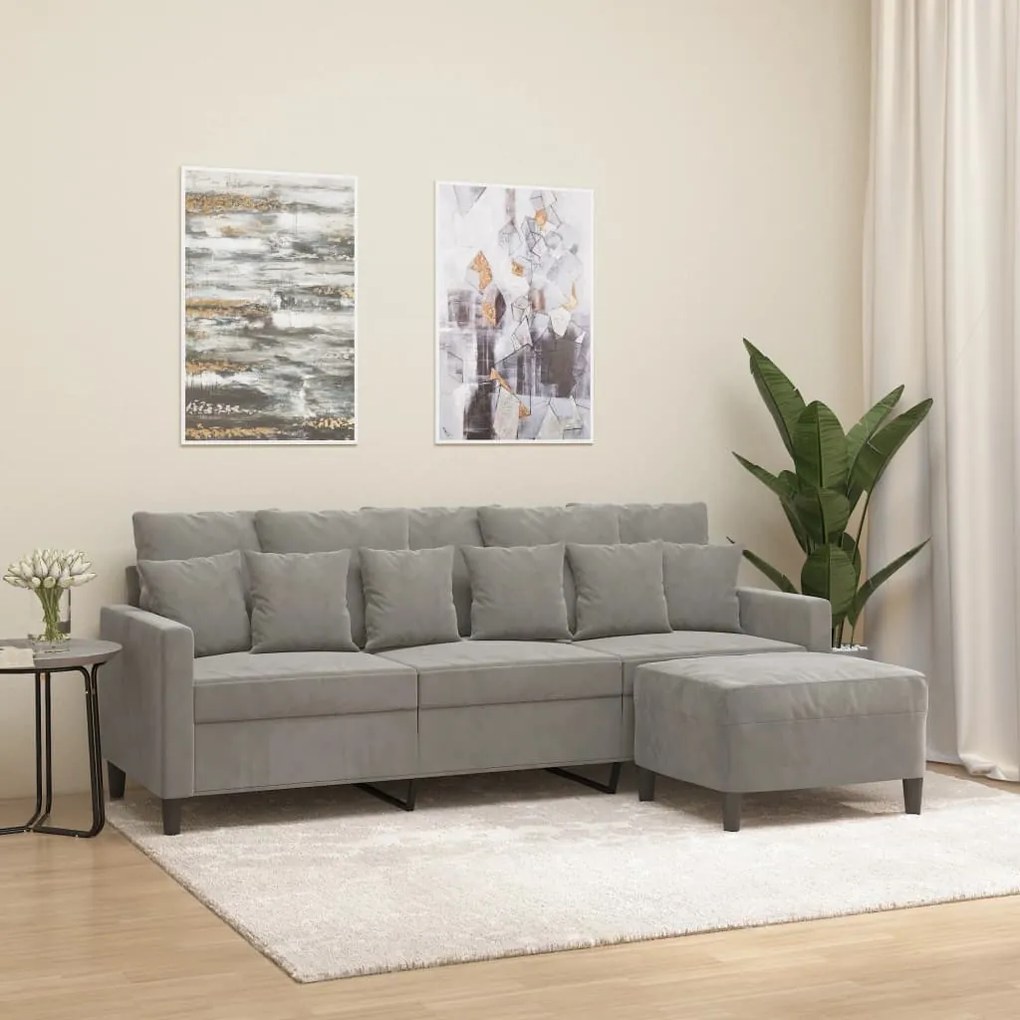 Canapea cu 3 locuri si taburet, gri deschis, 180 cm, catifea Gri deschis, 198 x 77 x 80 cm