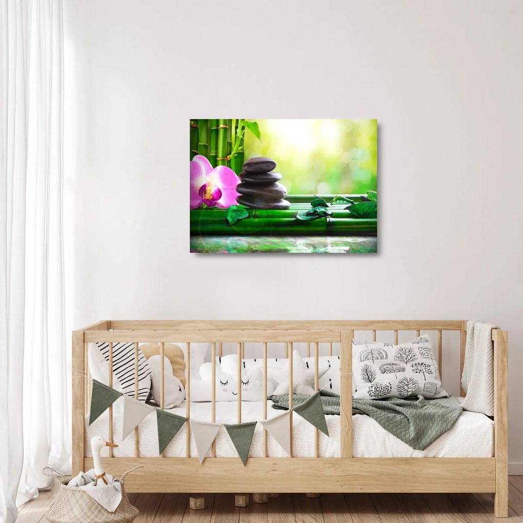 Tablou pe sticlă cu pietre pentru masaj și orhidee (70x50 cm)