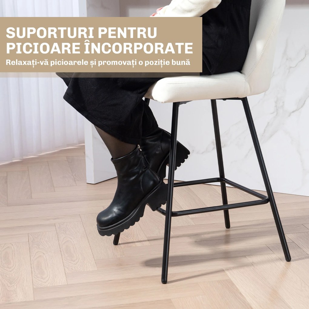HOMCOM Set 2 Scaune de Bar cu Spătar din Catifea și Suport pentru Picioare, 48.5x56x92 cm, Alb Crem | Aosom Romania