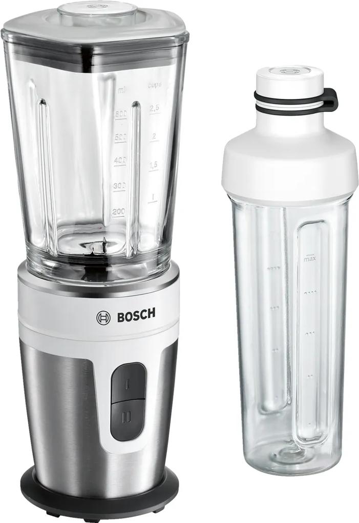 Blender de masa Bosch MMBM7G2M VitaStyle Mixx2Go, 350W, vas sticla ThermoSafe 0.6 litri, 2 viteze, sticla Tritan 2Go 500ml, alb - inox polisat