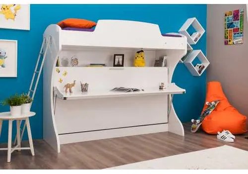 Pat rabatabil suprapus cu birou Diva Academy Bunk (85X190) si (90X190) - Alb Mat