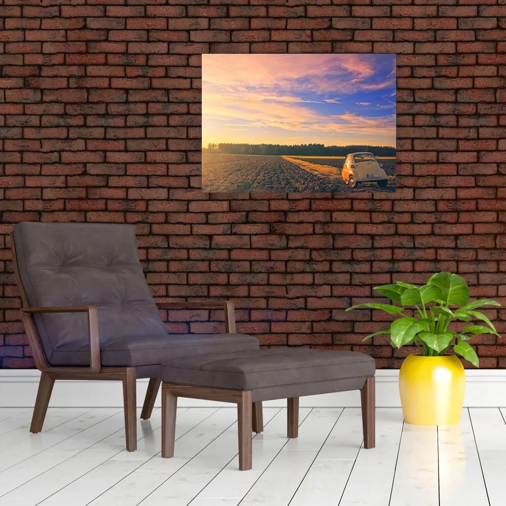 Tablou - Mașină galbenă ăn câmp (70x50 cm)