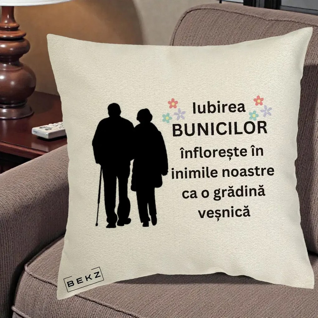 Cadou pentru Bunici - Perna Personalizata Bunicii Iubirea Infloreste Silueta Neagra Flori, 40x40 cm, Ecru, Husa Detasabila, Perna Inclusa, BEKZ®