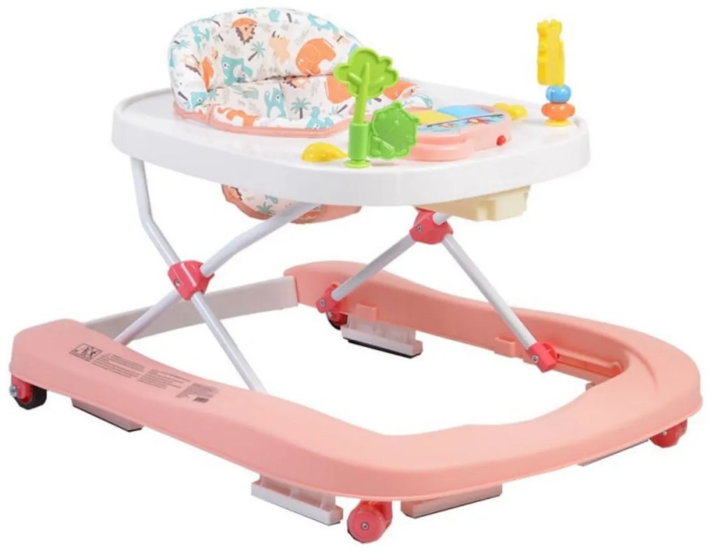 Premergator Premium reglabil in 3 trepte de inaltime NOVOKIDS™ ZooZoo Baby ,Roti silentioase din silicon, Cu melodii, Animalute, Pliabil, Roz